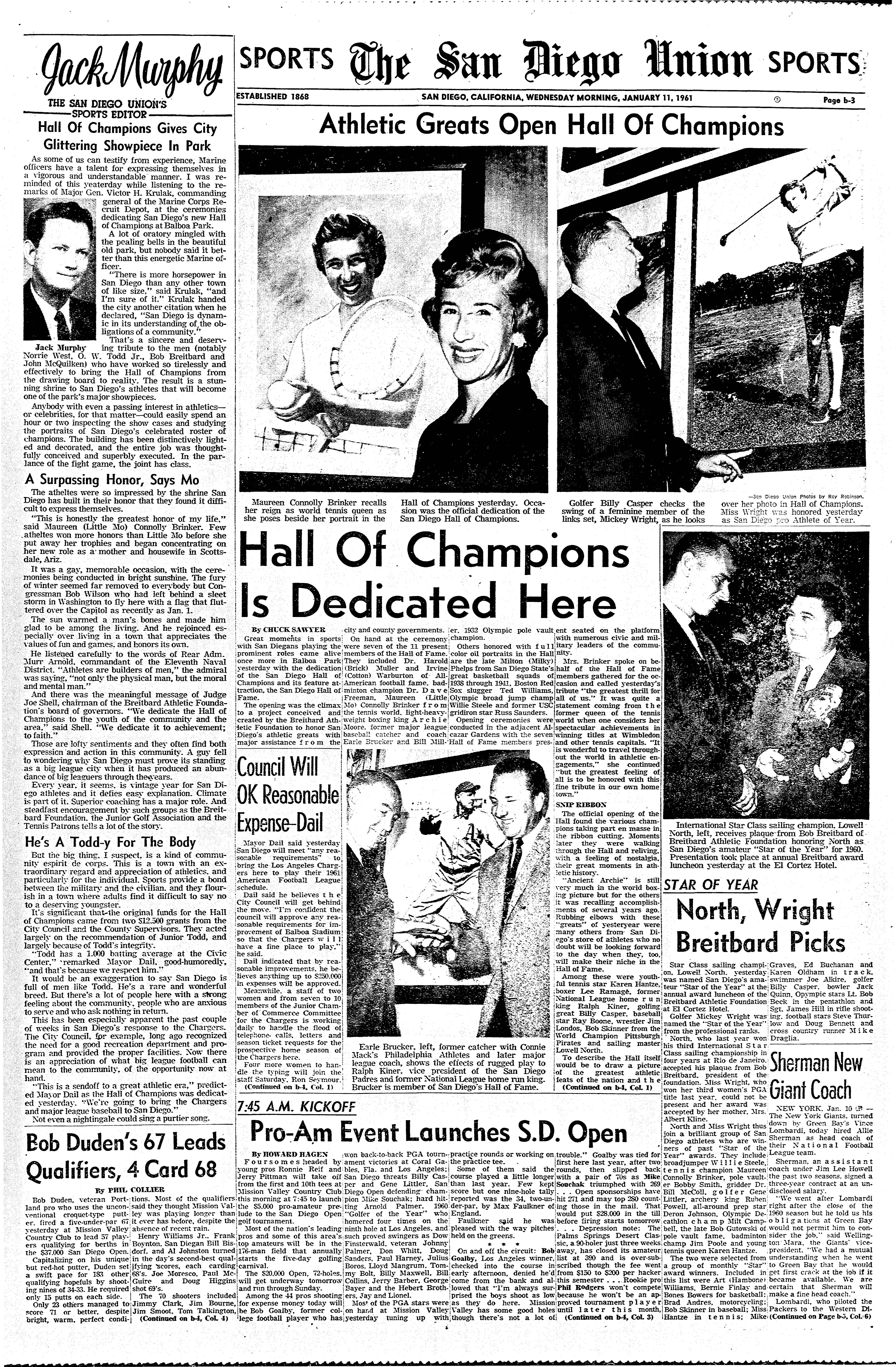 From the Archives: San Diego Hall of Champions was dedicated in 1961 - Vimarsana News