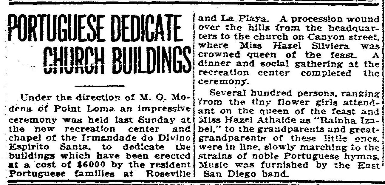 From the Archives: Point Loma's Portuguese chapel was built in 1922 to hold the Crown of the Holy Spirit - Vimarsana News