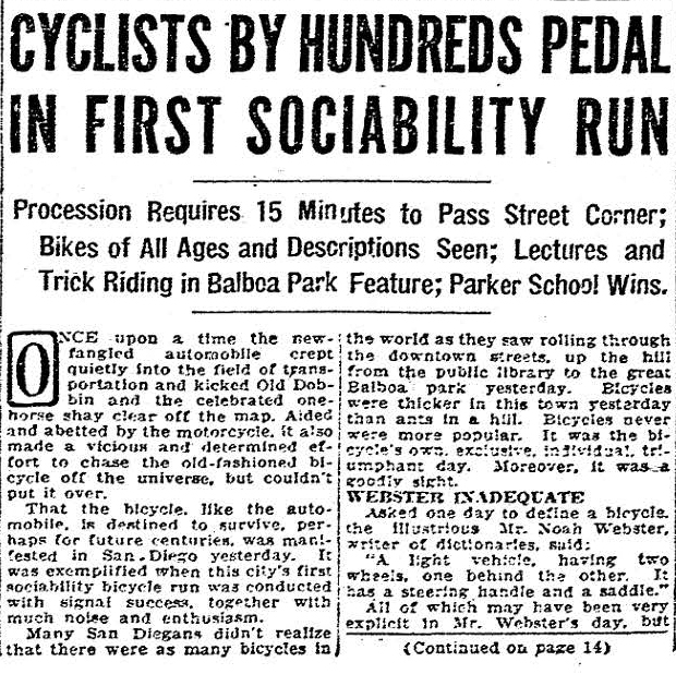 From the Archives: Hundreds of riders participated in San Diego's first big sociability bicycle run in 1921 - Vimarsana News