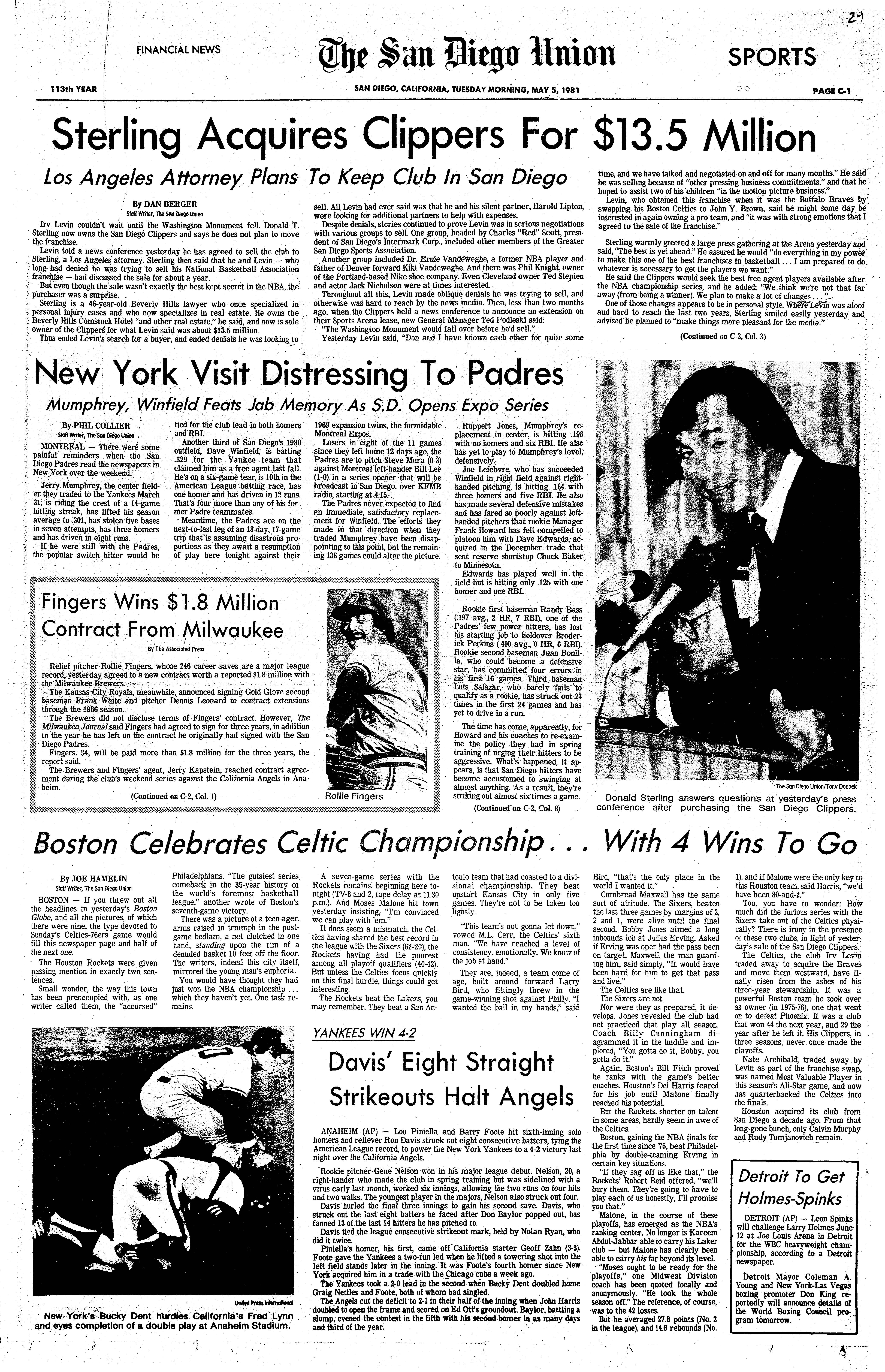 From the Archives: Donald T. Sterling bought the San Diego Clippers 40 years ago - Vimarsana News